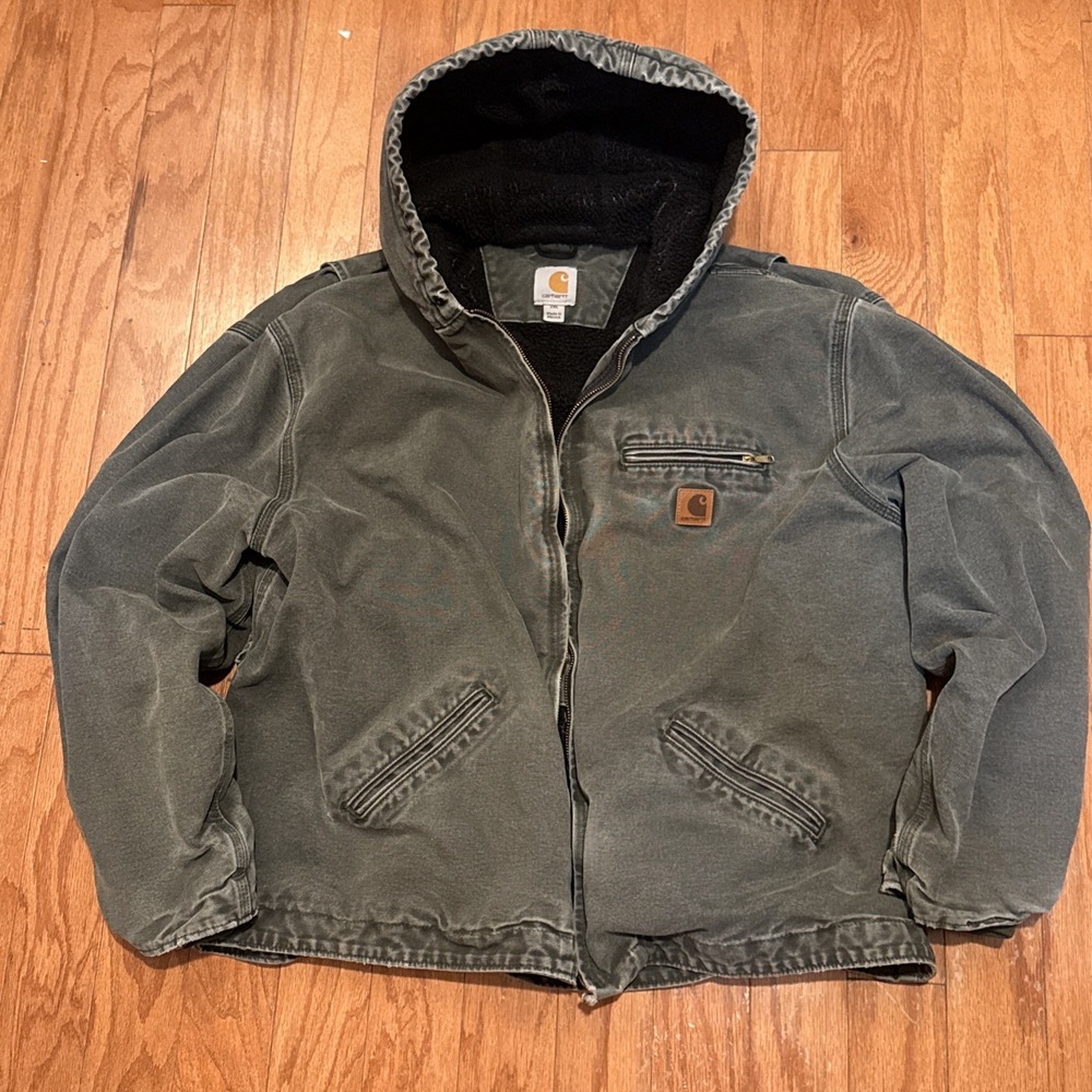 Y2K Carhartt J141 MOS green hooded work wear jacket Sherpa 2XL Rare